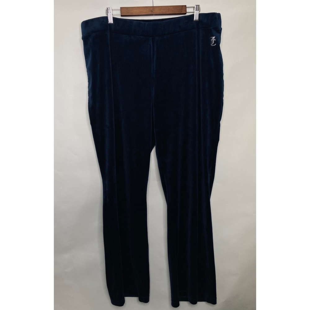 Vintage Juicy Couture Womens 2X Navy Blue Velour Rhinestone Logo Track Pants Y2K